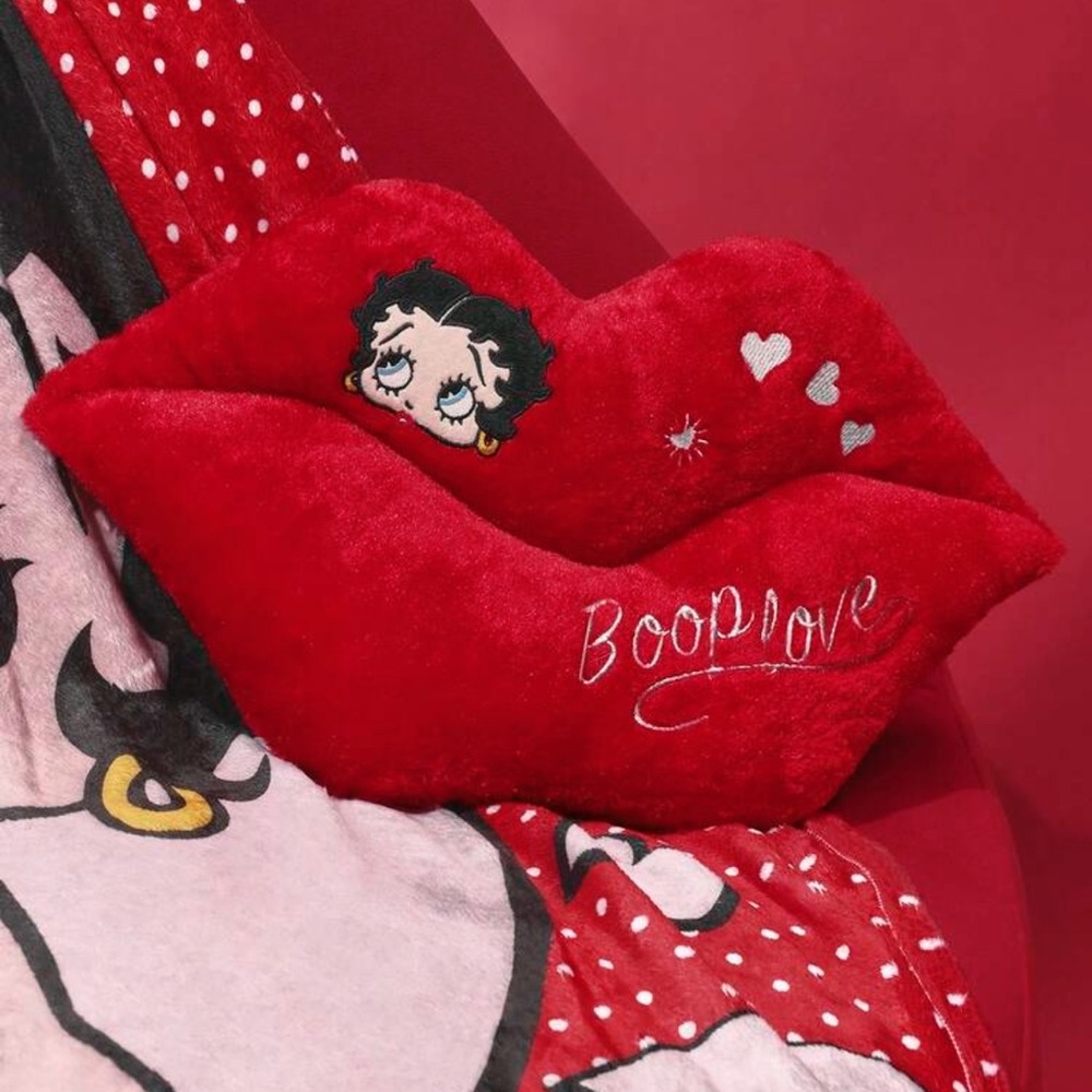 Betty Boop 1pc Red Lip Shape Decorative Pillow, Heart Embroidery, Soft Plush